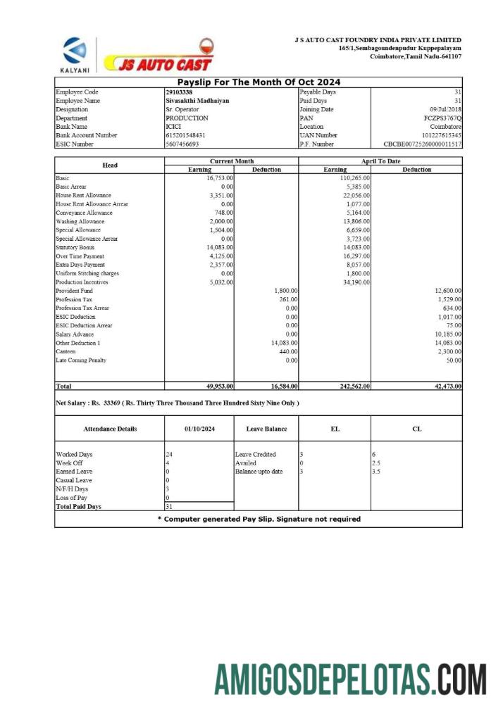 Realista Modelo de recibo de pagamento JS Auto Cast Foundry India em formatos Word e PDF.pdf, 1